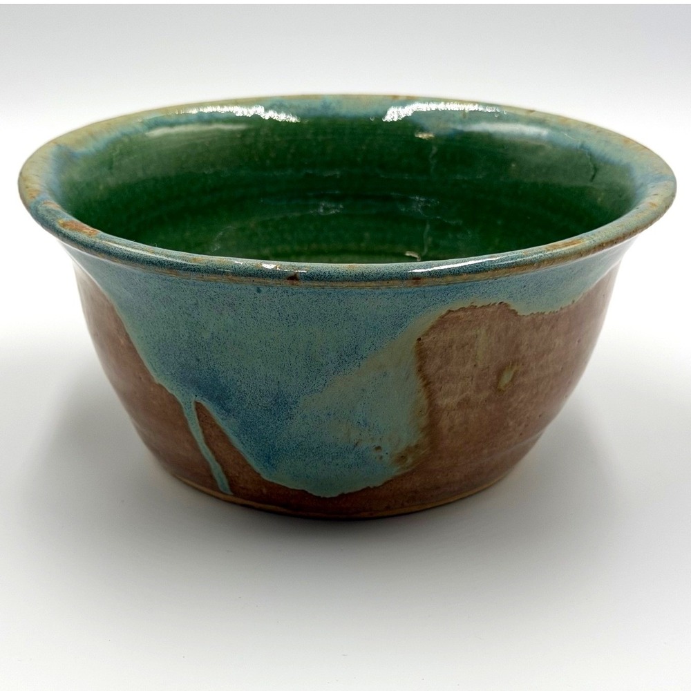 Handmade Studio Pottery Bowl Green Glaze Rustic Brown Stoneware 7.25 Inch